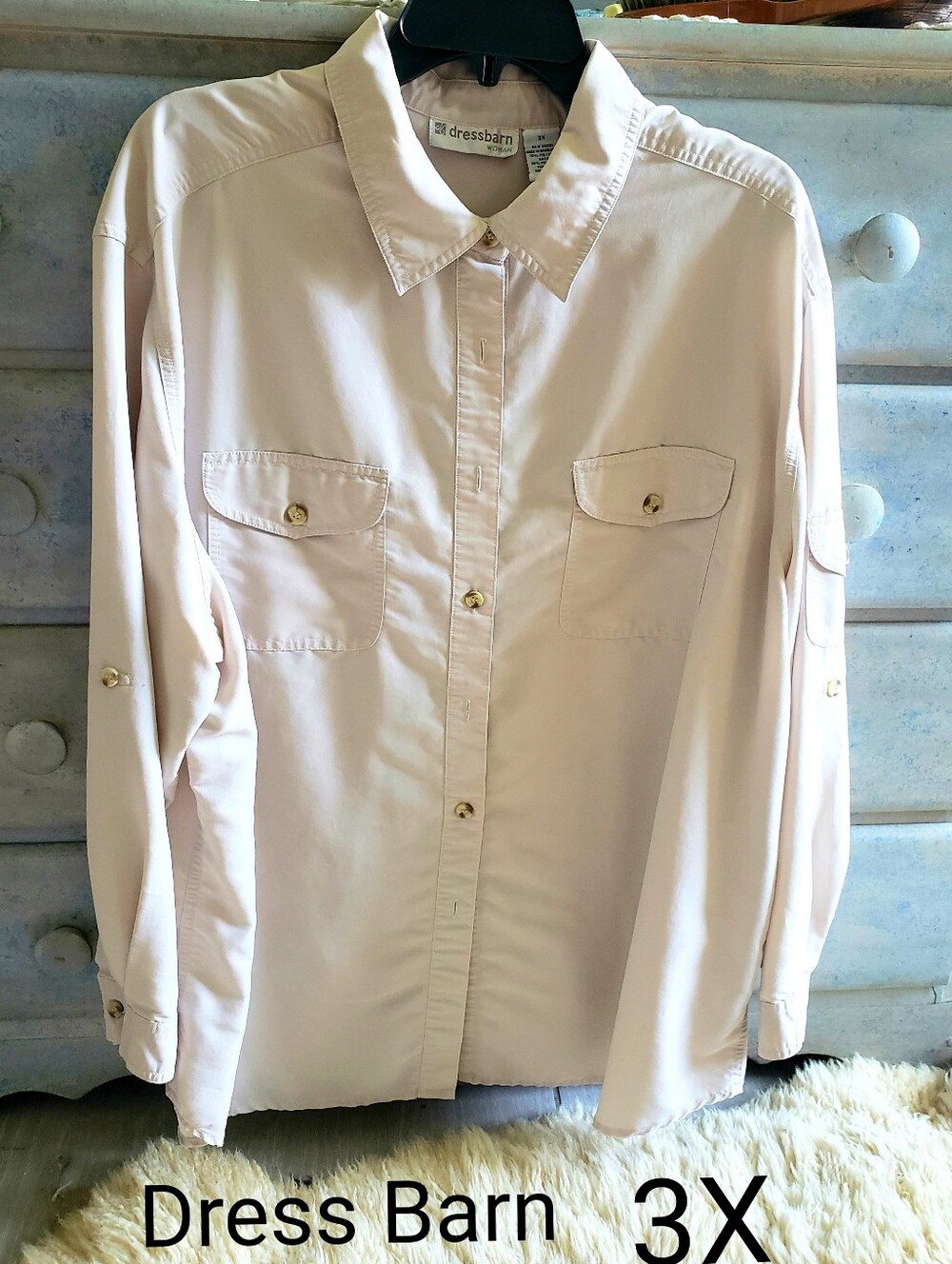 Dressbarn Plus Size 3X Tan Khaki Utility Safari Blouse Roll Tab Sleeve